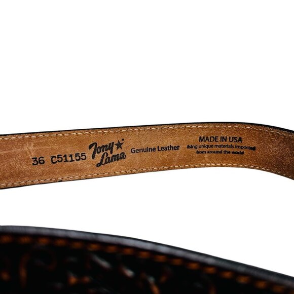 Tony Lama 36 Tooled Leather Belt Western C51155 Brown - Picture 3 of 4